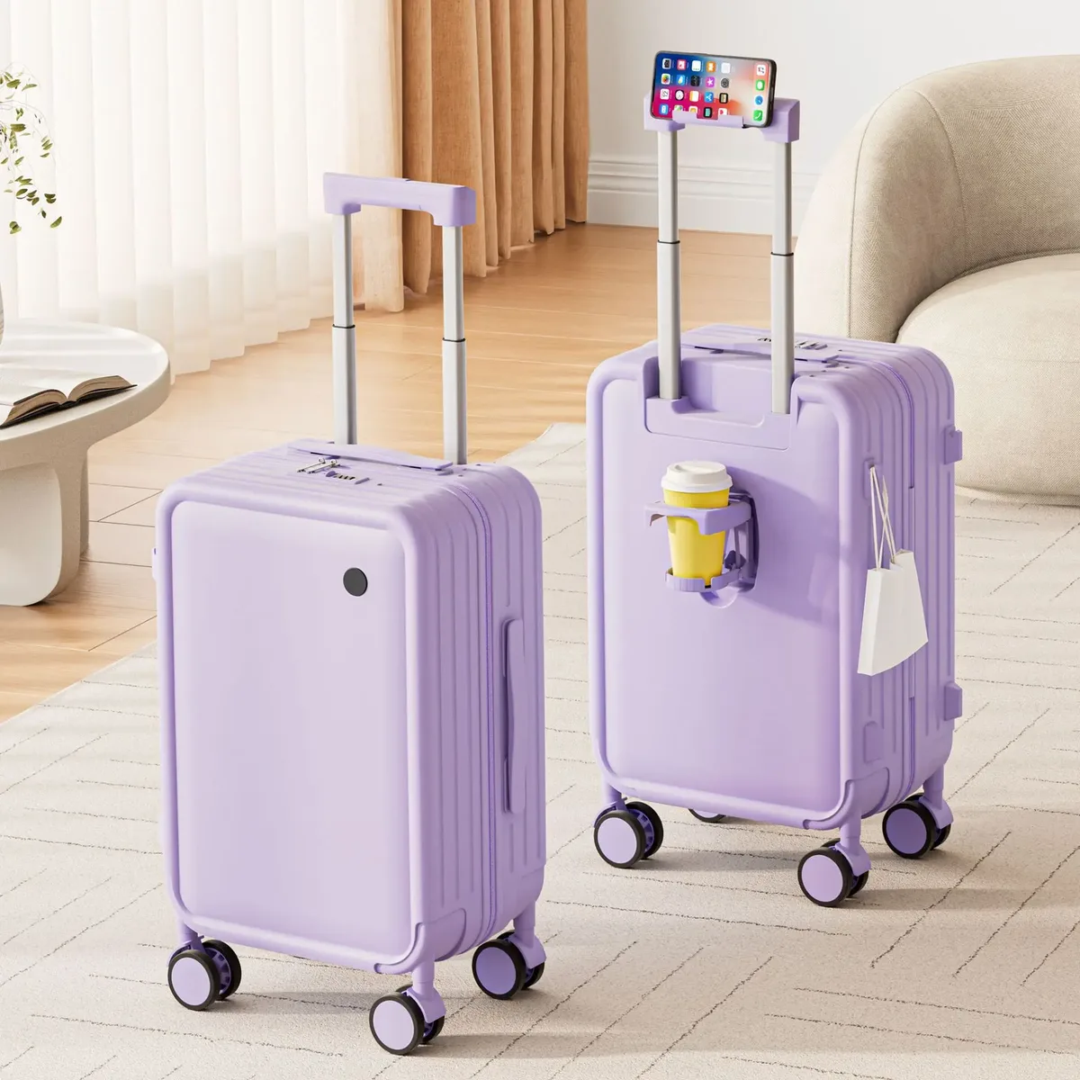 valise polycarbonate abs couleur pastel violet bleu blanc rose doré poignées métal argenté roues toupie bouton noir usage voyage loisir