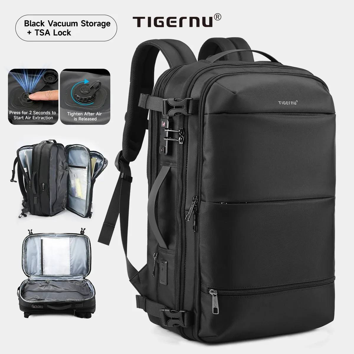 sac à dos de compression sous vide tigernu, sac à dos de voyage pour hommes, sac extensible avec port usb, grande capacité, sac pour ordinateur portable 17 pouces, sac de cabine pour l'école.