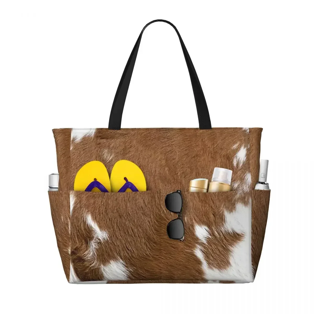 sac de plage élégant en fourrure de vache, texture cuir de vache, motif imprimé peau de vache, sac de yoga, grand sac fourre-tout, sac de voyage pour femme, sac de fitness