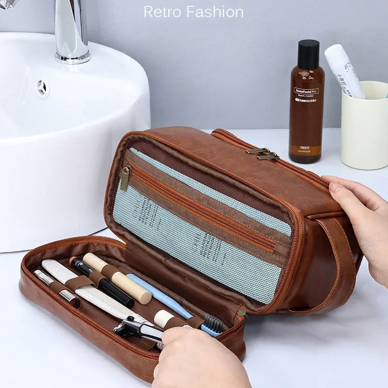 nouvelle trousse de maquillage suspendue 2026, grande capacité, en cuir pu, trousse de toilette double couche, trousse de cosmétiques pour hommes, organisateur d'essentiels de voyage