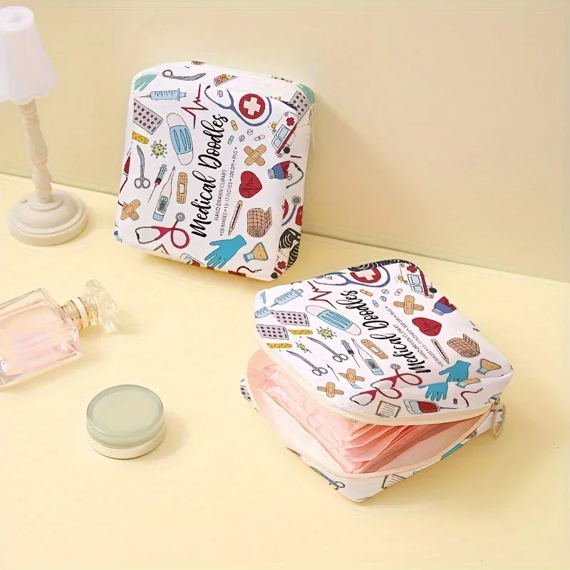 trousse polyester motifs médicaux blanc beige petite format carré zippée cosmétiques maquillage voyage santé soins visage