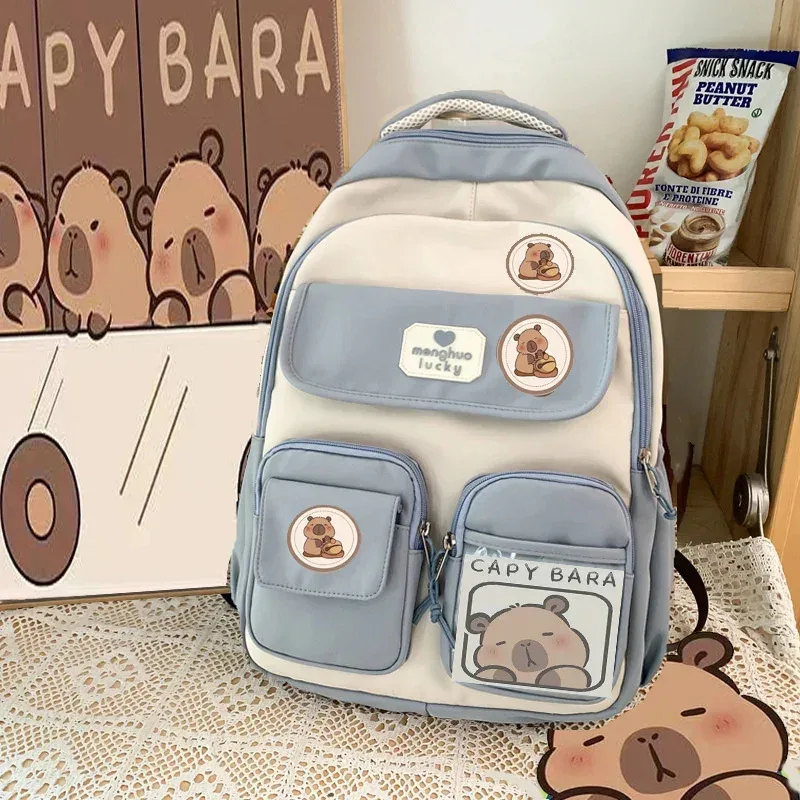 sac dos nylon beige accents marron blanc motifs ours poches multiples étudiant voyage décontracté