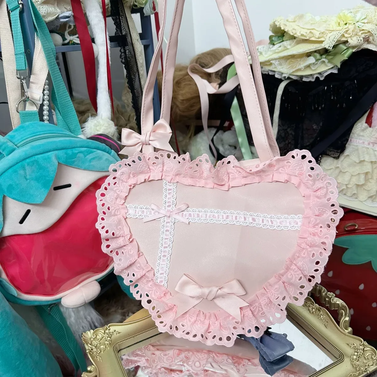 lolita fait à la main amour coeur dentelle fleur mignon sac à bandoulière douce fille étudiants arc fourre-tout sacs à main