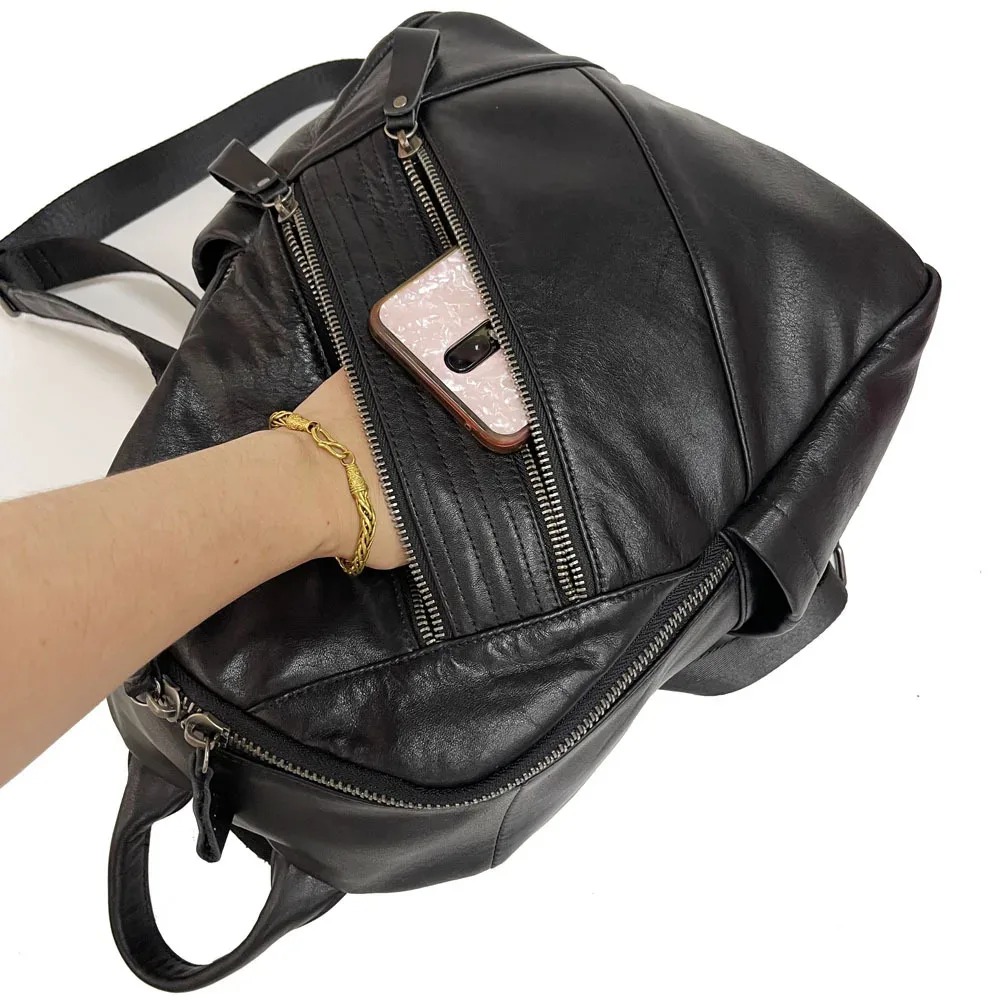 sac à dos en cuir de vache véritable noir pour femme, sac à dos décontracté pour femme, sac de voyage initié, sac à dos d'école antivol pour filles