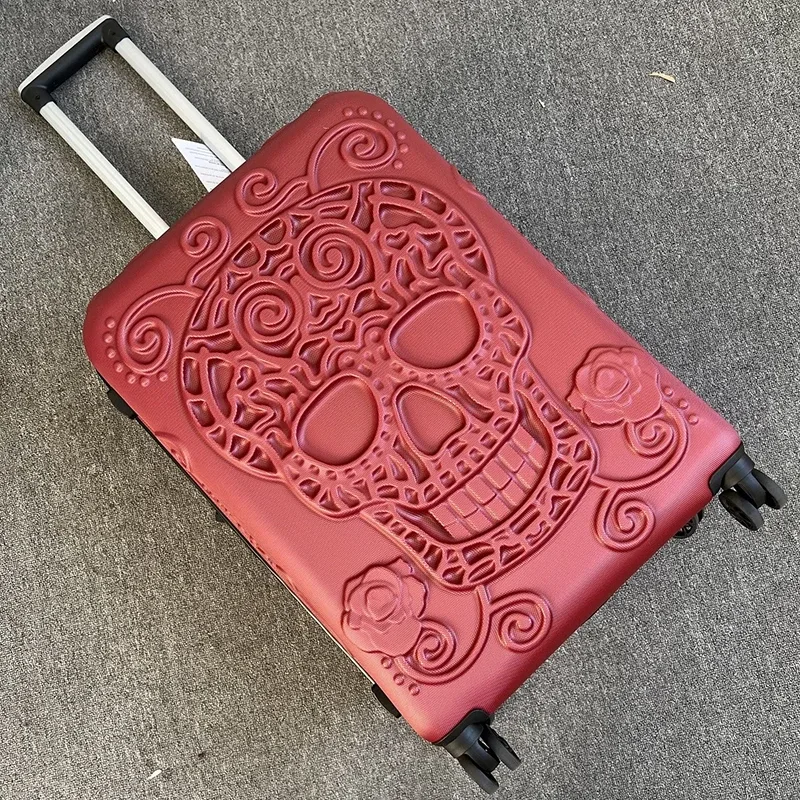 valise trolley de voyage à roulettes grande taille, style punk squelette, avec éléments pop personnalisés, verrou de douane, bagage cabine