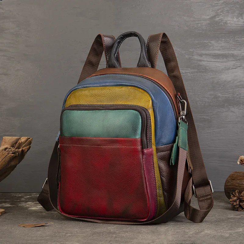 sac à dos patchwork en cuir véritable pour femme, sacs à bandoulière en cuir de vache véritable, fourre-tout de voyage en cuir de vache à la mode