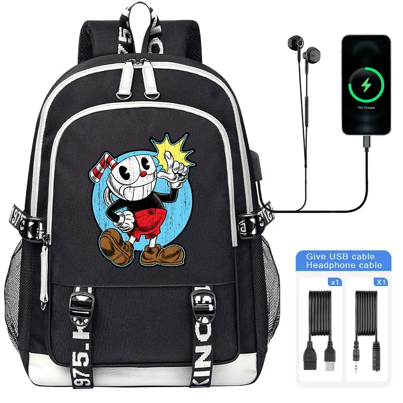 sacoche nylon illustrations cuphead dessin animé noir blanc gris ordinateur portable adolescents étudiants voyager capacité haute bandoulière souple