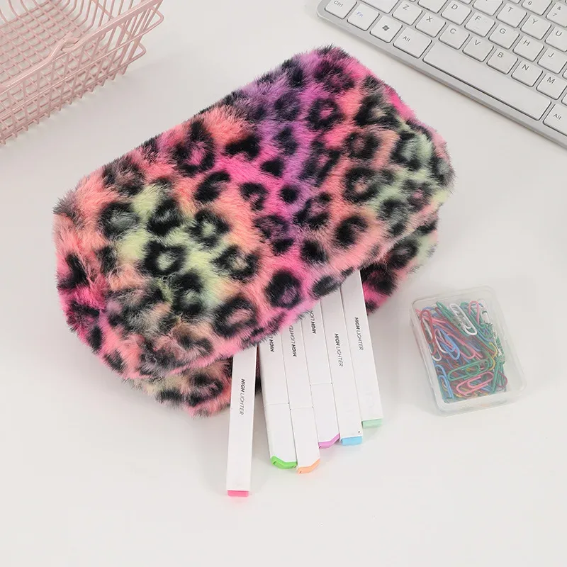 sac de rangement en peluche douce léopard pour femme, trousse de toilette, sac à main de maquillage, trousse à crayons, trousse de voyage, rouge à lèvres, brosse, cosmétiques, évaluateurs