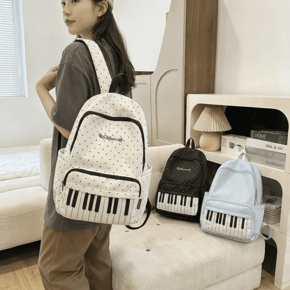 sac à dos en nylon à pois imprimé, color-block, mignon, grande capacité, style preppy, durable, motif touches de piano, pour l'école et les voyages