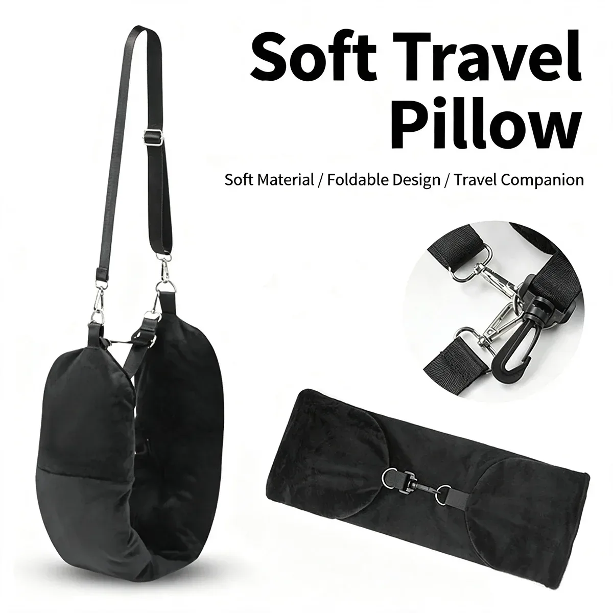 oreiller voyage forme u tissu noir velours pochette amovible confort personnalisable portable hygiénique usage multiple