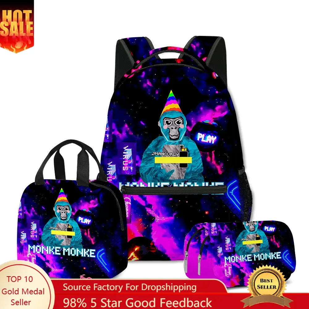sac à dos d'école pour étudiants, sac à dos portable pour ordinateur portable, sac à déjeuner portable, trousse à crayons, imprimé 3d, motif gorilla classique, populaire et amusant, 3 pièces/ensemble