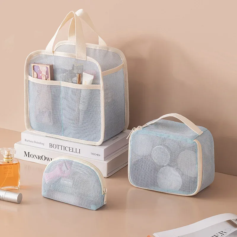 ensemble de trousses de maquillage en maille respirante 3 pièces, organiseur de toilette portable de voyage, rangement cosmétique étanche pour femmes et filles