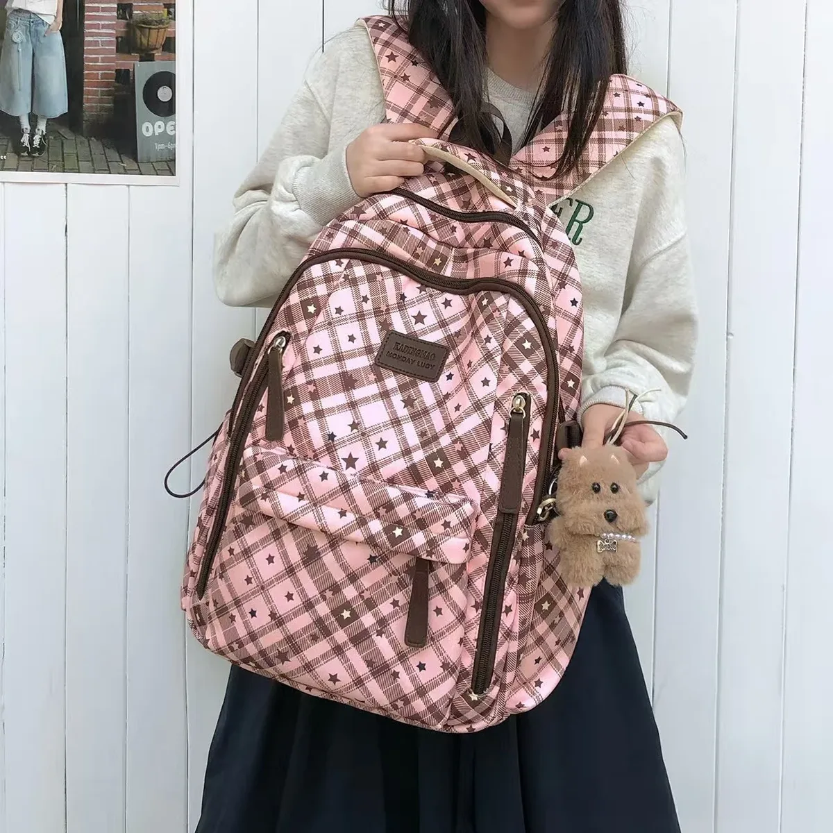 sac à dos décontracté grande capacité tendance pour les loisirs et les voyages, en nylon, pour les jeunes filles du collège et du lycée, sac à dos d'extérieur à imprimé à carreaux