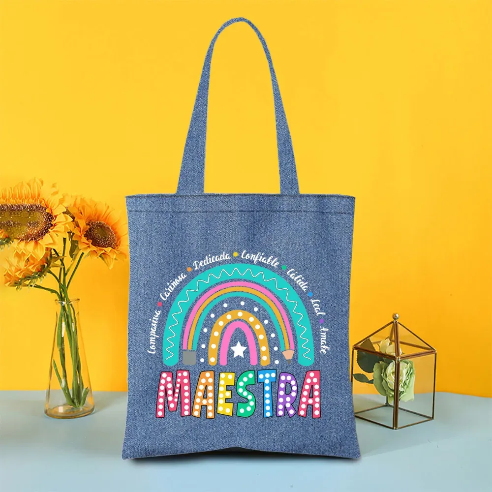 sac fourre-tout en denim peint pour enseignant arc-en-ciel, sacs de shopping pour femmes, sacs à main de voyage, fourre-tout pour la journée des enseignants, cadeaux de remerciement pour les enseignants
