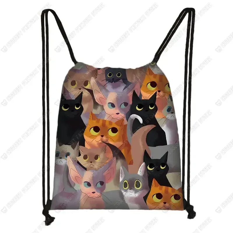 sac à dos de voyage en toile avec motif de chat pour femme, sac de rangement, sac de proximité, joli, mignon, chat de dessin animé, image imprimée, mode