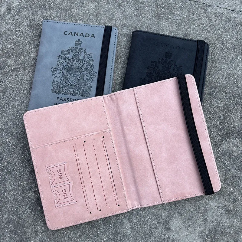 porte-passeport organisateur intérieur rose clair bande noire blason canada texte voyage rfid accessoires voyage
