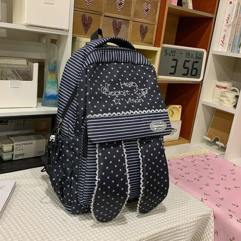 sac à dos tendance pour femme à motif pois avec oreilles de lapin, grande capacité, idéal pour les étudiants et les trajets quotidiens