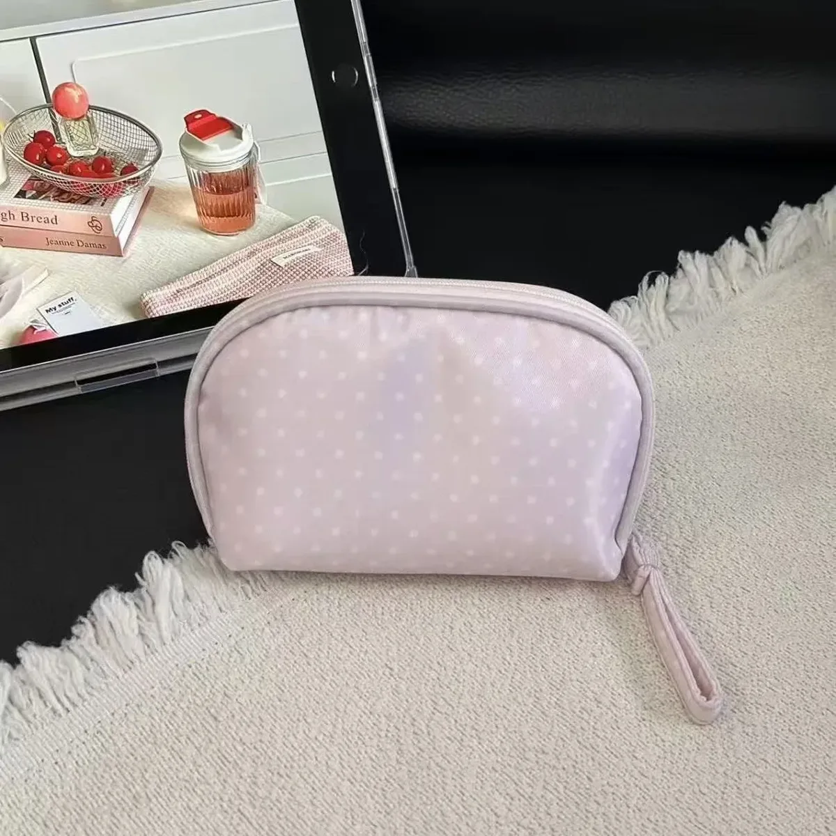 trousse de maquillage grande capacité à pois pour femme, sac de rangement cosmétique portable de voyage, trousse de toilette multifonctionnelle rose style ins
