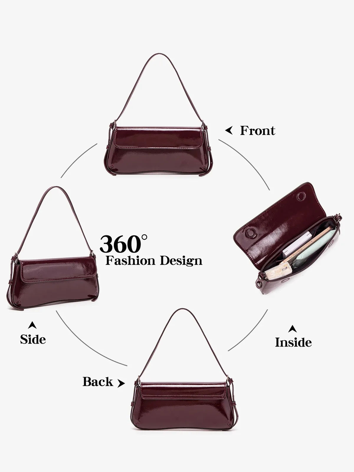 sac à bandoulière brillant pour femmes, élégant et stylé, sac à main rouge vin, petit sac sous le bras, pochette polyvalente de couleur unie