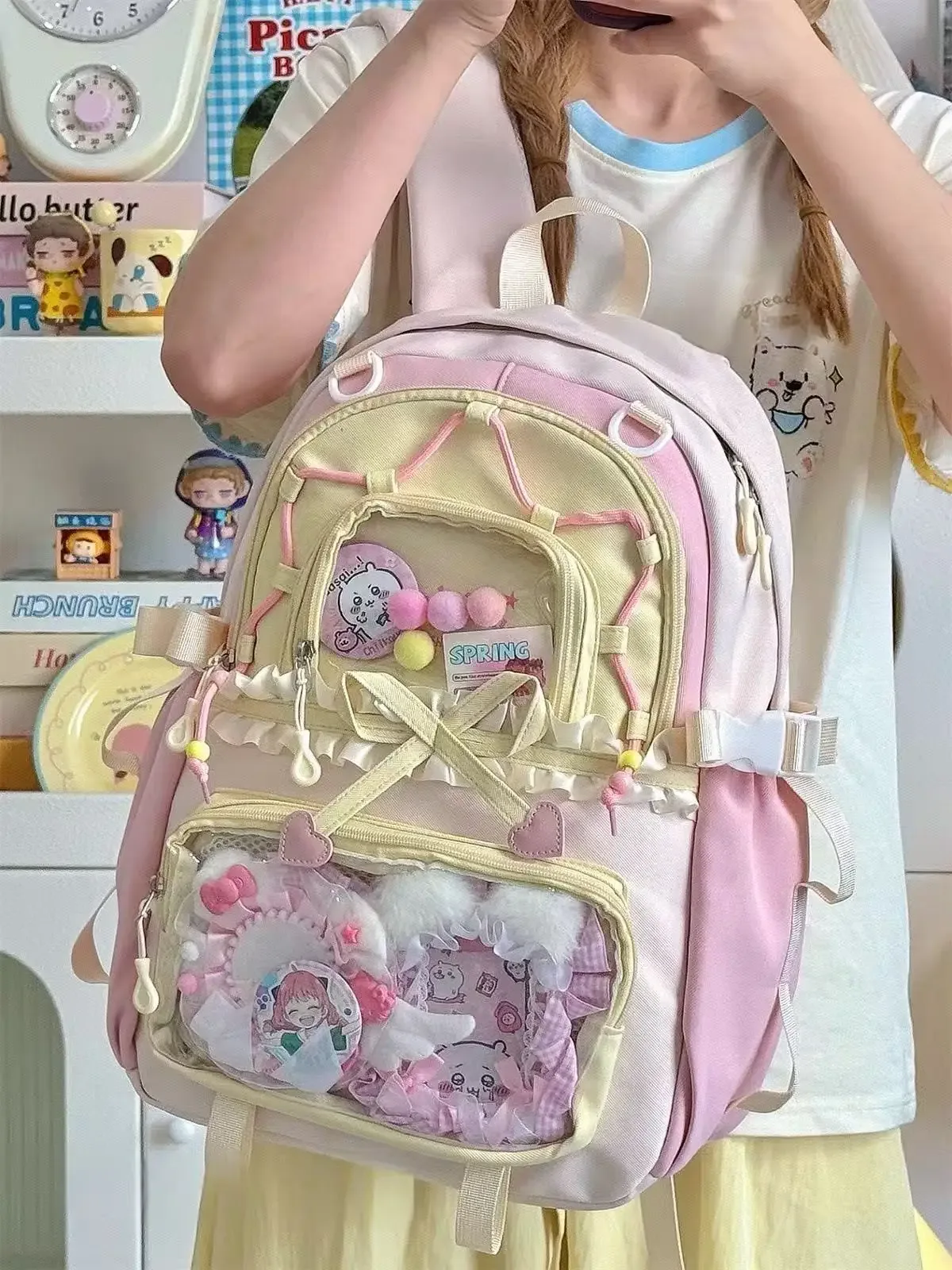 sac à dos ita transparent italife dopamine anmie pour femme, idéal pour la rentrée scolaire, style japonais, avec grandes volants et nœuds pour l'affichage des badges h259