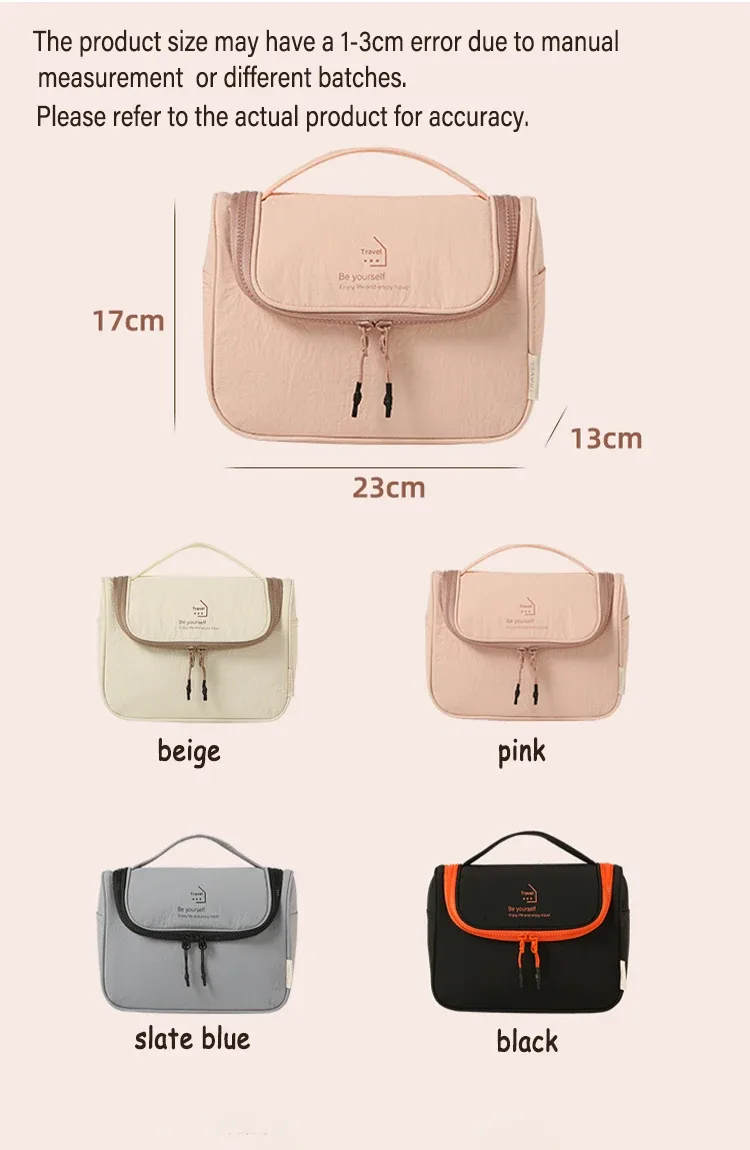 sac de toilette en taslon, imperméable pour voyage, sac de maquillage portable pour femmes, grand espace de rangement pour articles de toilette.