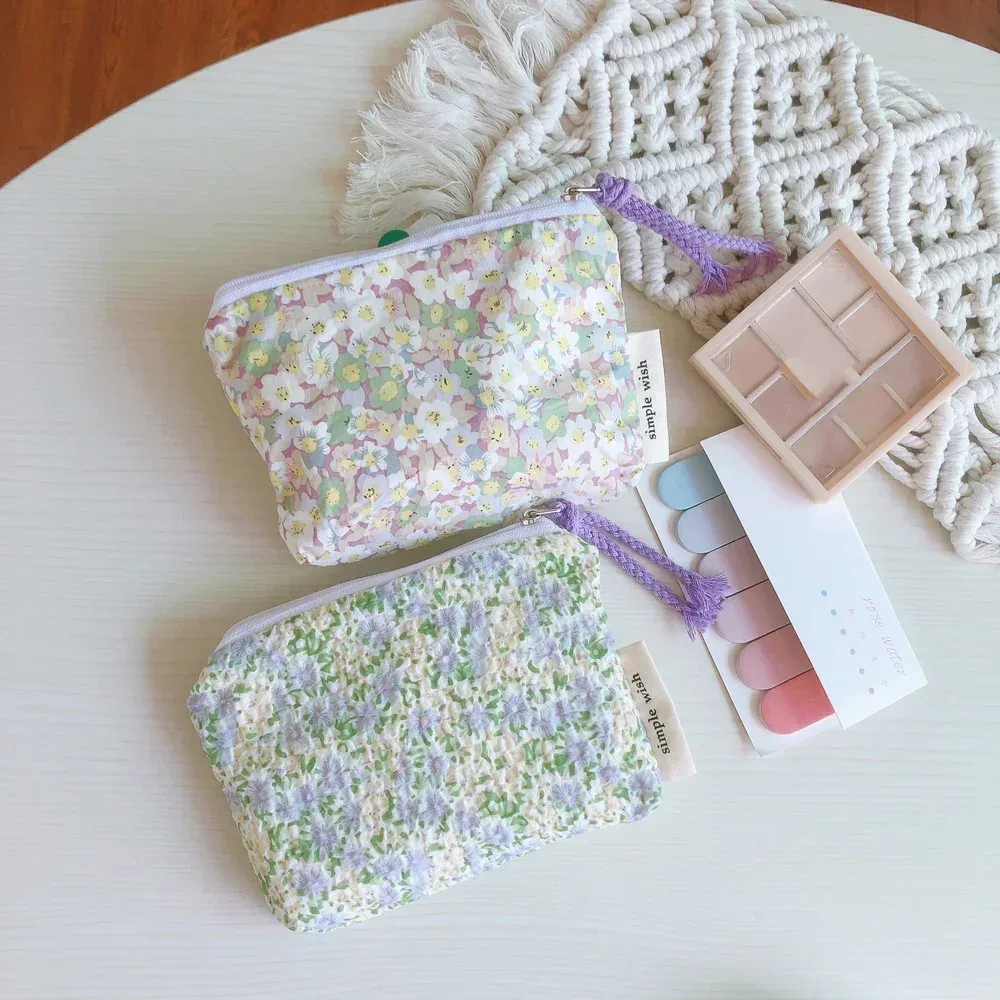 petite trousse de maquillage cosmétique pour femmes et filles, mini sacs à fleurs en coton, trousse de maquillage rouge à lèvres, sac à main pour enfants, trousse à poudres à monnaie