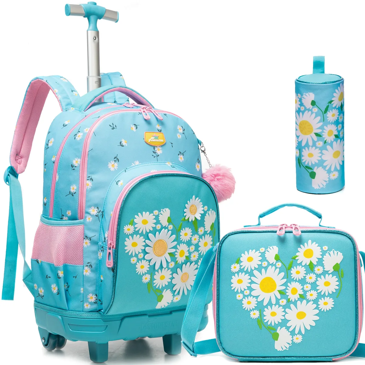 sac dos polyester bleu marine chat rose bicyclette fleurs multicolores grande capacité poche ordinateur portable roues fixes accessoires enfants voyage ecole