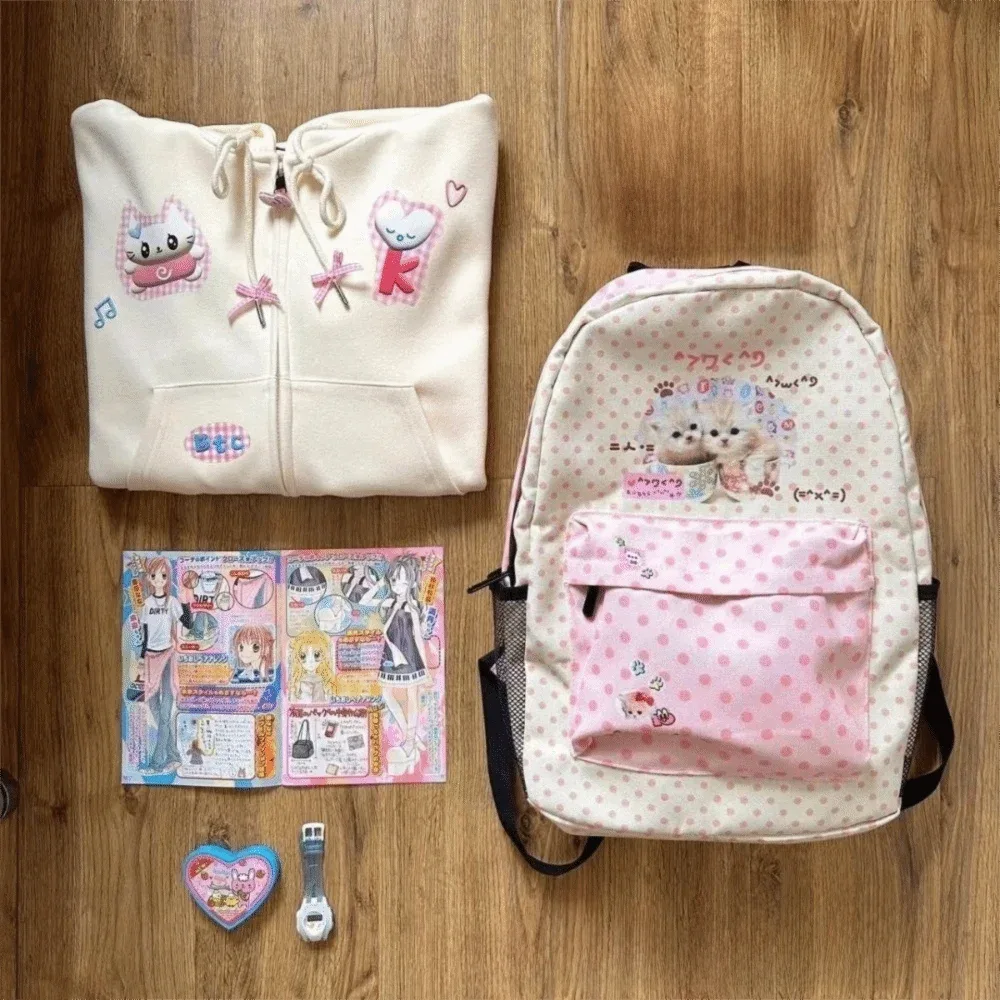 sacs à dos à pois de chat de couleur contrastée, patchwork, grande capacité, vintage y2k, sac à bandoulière, vie quotidienne