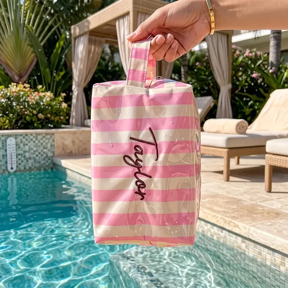 trousse de toilette rayée avec nom brodé, portable, imperméable, multifonctionnelle, cadeau pratique pour demoiselle d'honneur de mariage