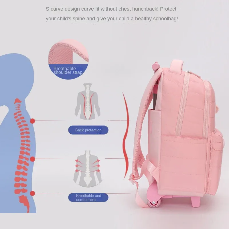 sac dos polyester rose compartiment principal roues intégrées poches latérales sacs école filles voyage