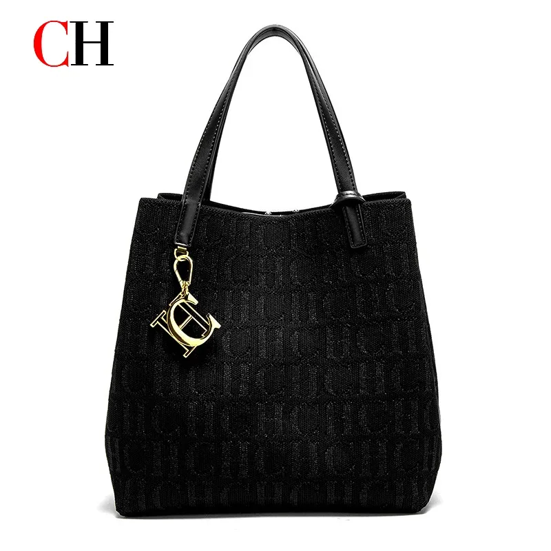 Sac à main pour femme CH, grande capacité, simple, pour les trajets quotidiens, polyvalent, couleur unie, design imprimé avec des lettres, sac à bandoulière