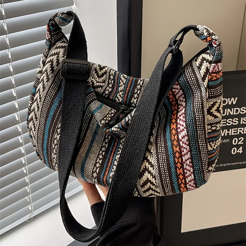 sac à bandoulière de style tribal, bandoulière pliable avec fermeture à glissière, motif rayé, thème drapeau, bord lavable à la main, doublure peinte
