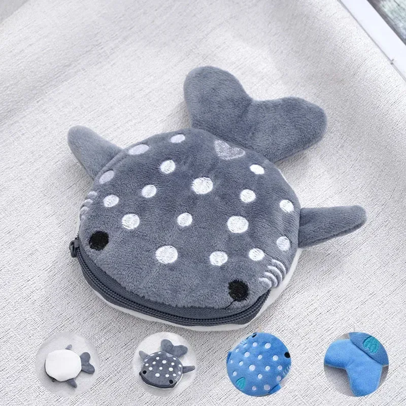peluche gris petites baleines porte-monnaie mignon fermeture éclair femmes porte-monnaie forme de requin filles écouteur argent sac de rangement sac à clés sac à main