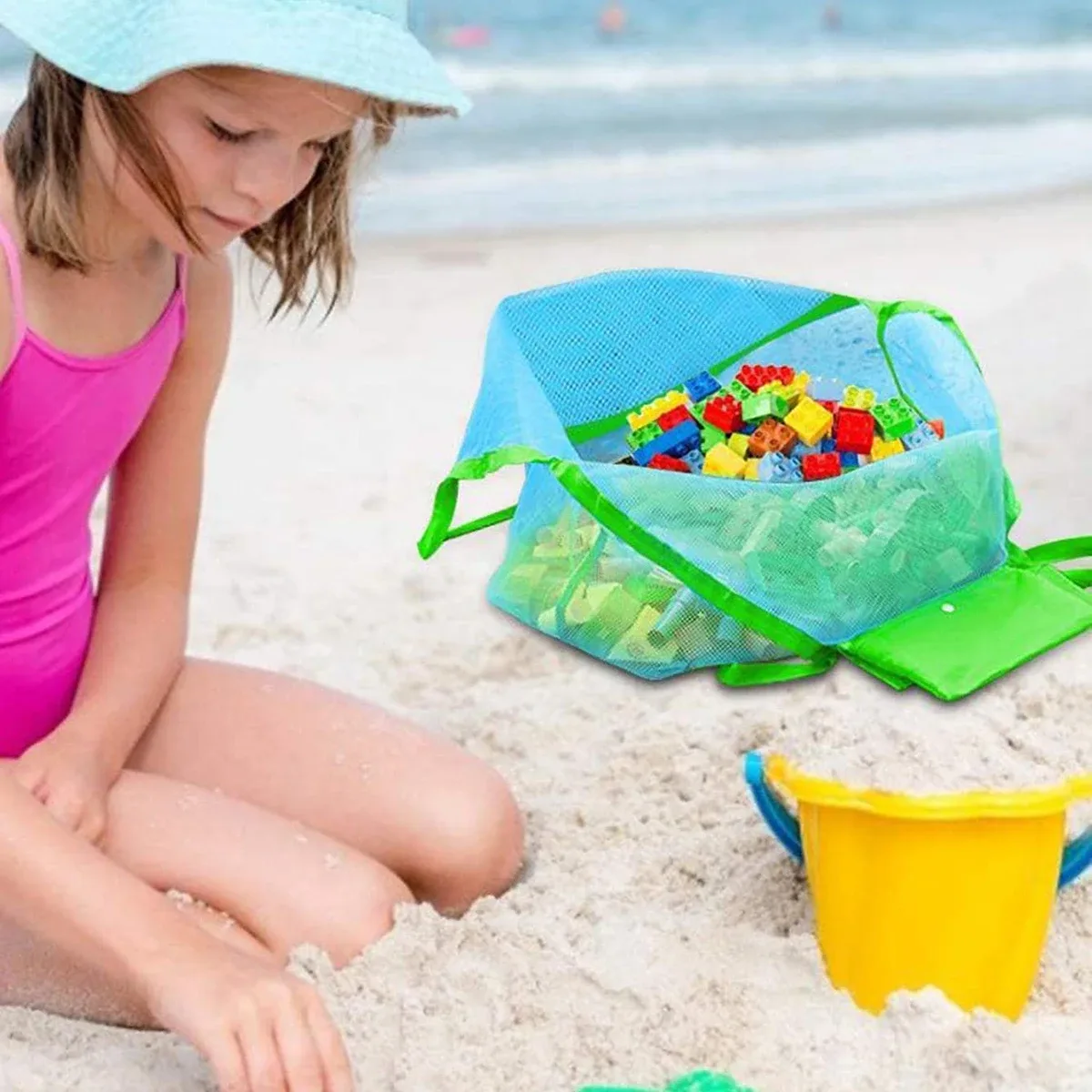 sac de plage en maille multicolore, grand format, anti-sable, sac fourre-tout portable avec trou de suspension pratique, sac de rangement respirant et pliable