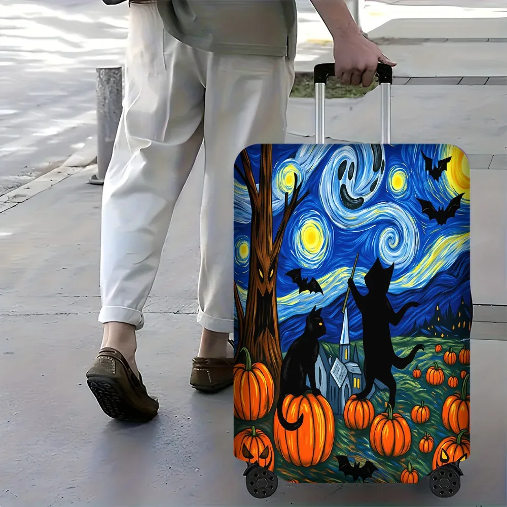 housse valise polyester motif halloween étoiles citrouilles chauves souris protection voyage format grand bleu noir gris