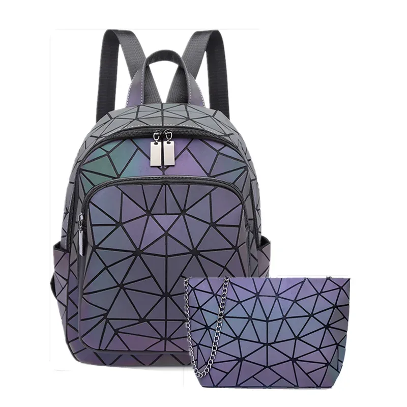 sac à dos lumineux tendance pour femmes, en pvc holographique, géométrique, pour adolescentes, sac à dos de voyage, mochila feminina.