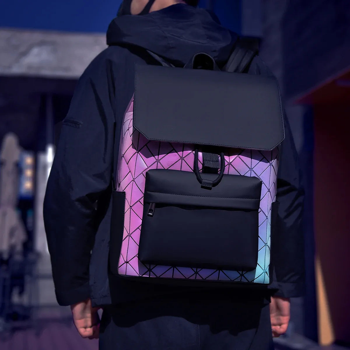 sac à dos géométrique irisé pour hommes, sac à dos tendance résistant à l'eau, sac décontracté multi-poches