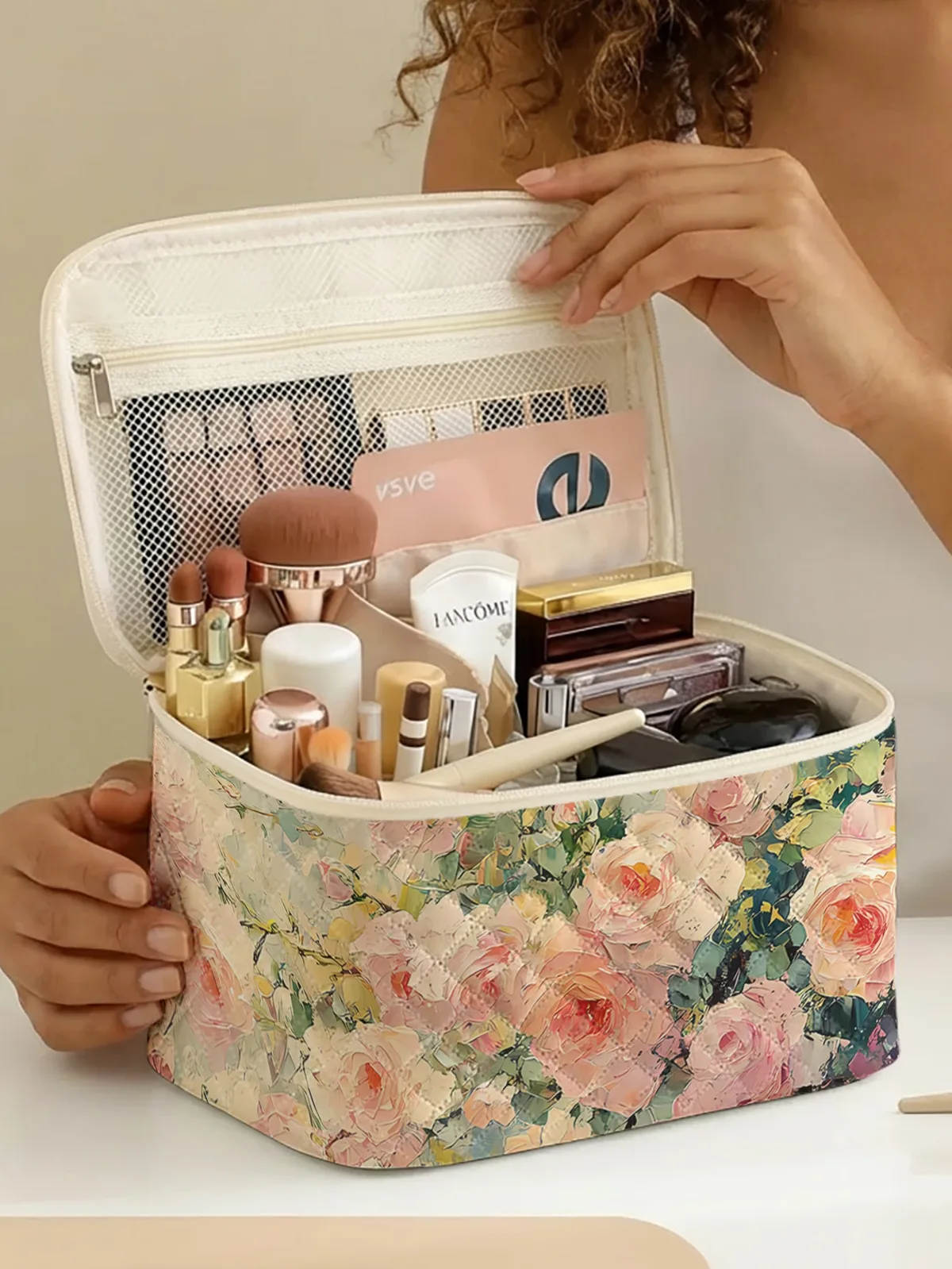 1 pièce, trousse de toilette de voyage portable avec motifs de roses, sac de rangement de voyage de grande capacité, trousse de maquillage mignonne et élégante