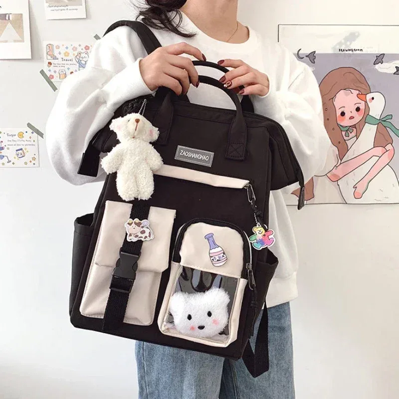 sac dos nylon patchwork noir blanc gris femmes voyage ecole bandoulière arquée fermeture éclair poche integree pcs ouverte style preppy