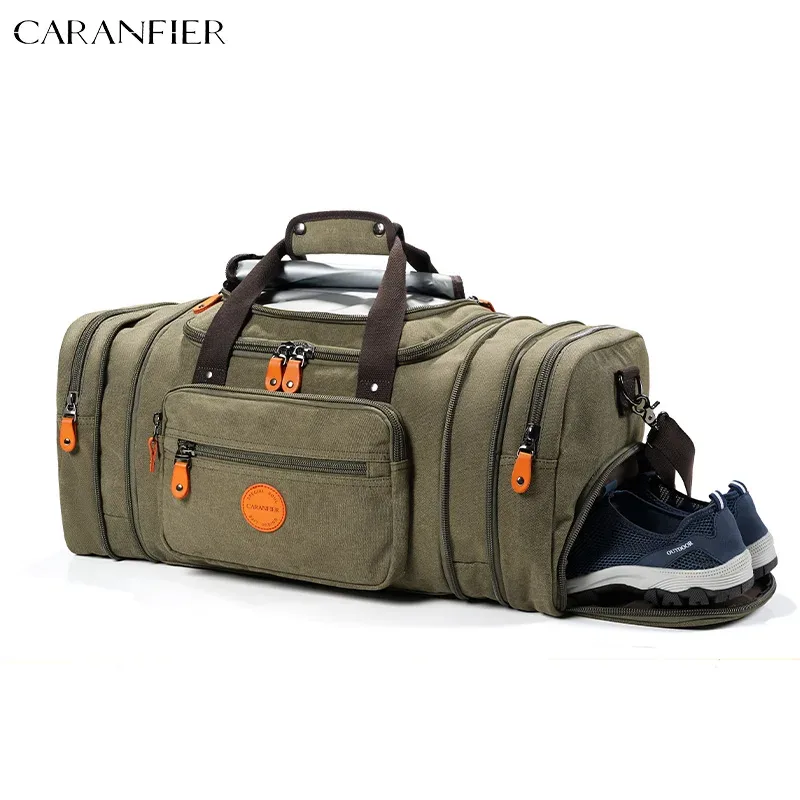 sac voyage toile gris poignée noire fermetures glissière orange intérieur marron compartiments extensibles polyvalents week end sport