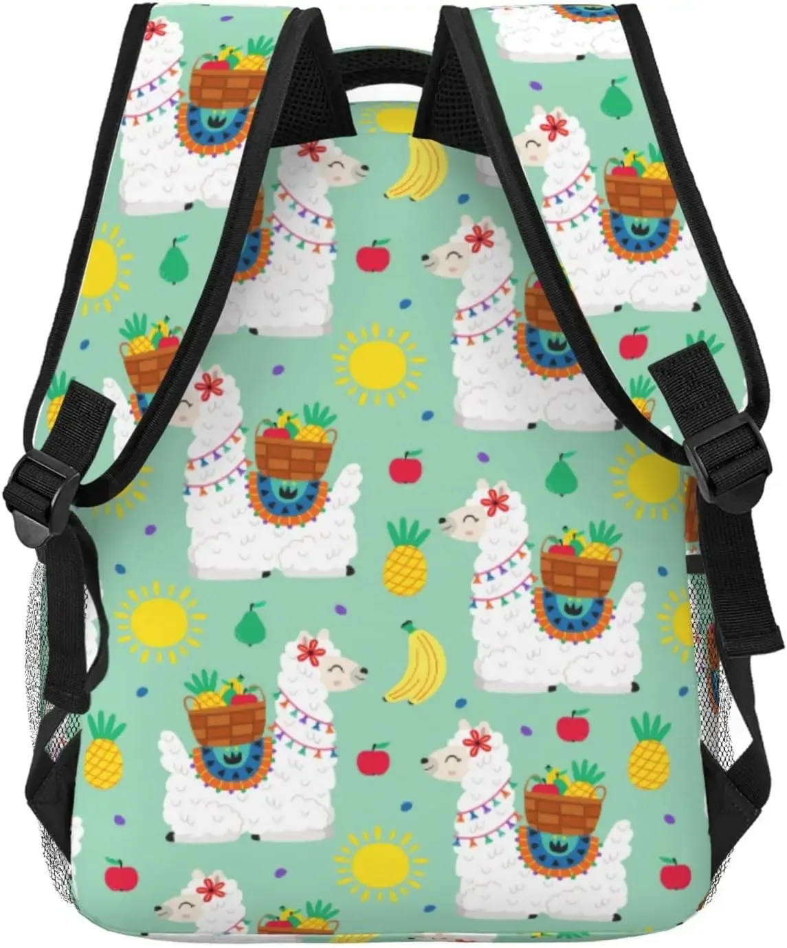 sac dos polyester noir motif lamas fruits vert pastel format rectangulaire sangle chaîne fermeture éclair poche intérieure zippée usage voyage école université