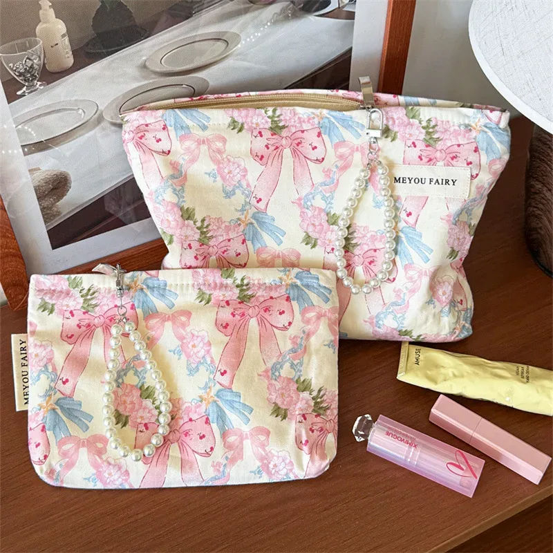 ensemble de 2 trousses de toilette imprimées nœuds, grande et petite, avec chaîne de perles, en tissu, organiseur de maquillage portable pour voyage