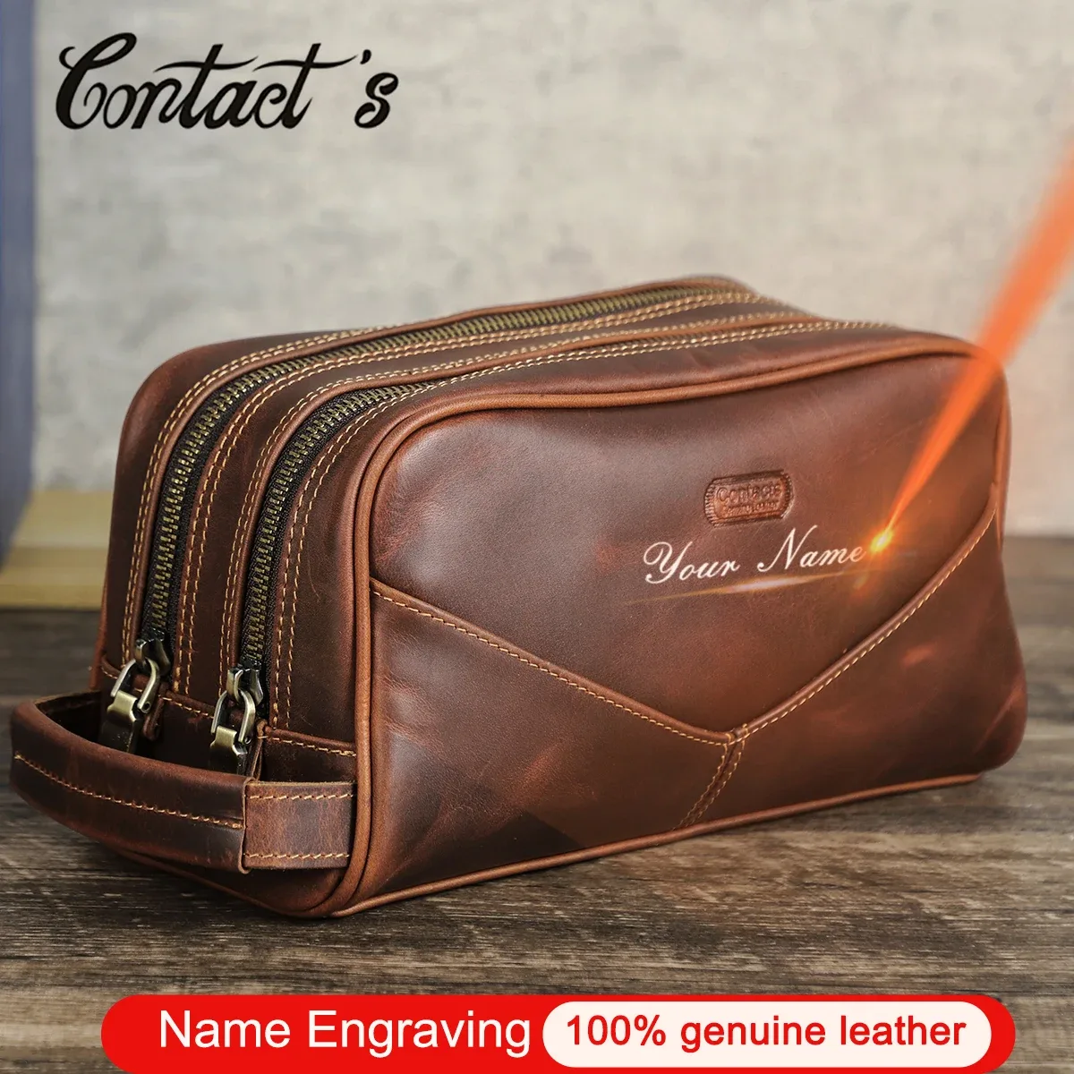crazy horse – trousse de maquillage de voyage en cuir véritable pour hommes, étuis à cosmétiques vintage en cuir, marque de luxe, rangement de lavage, trousses de toilette