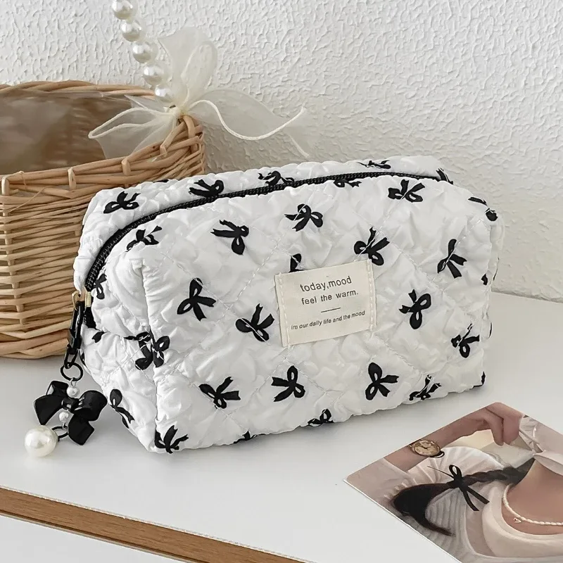 pochette carrée pour femmes, sac de maquillage, portable, mignon, pochette de rangement de cosmétiques et de toilette, sac à main imprimé avec nœud, sac à fermeture éclair