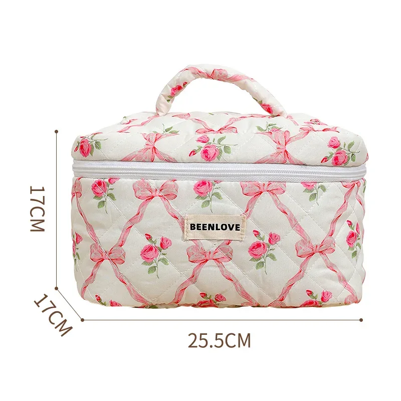 trousse de maquillage en coton matelassé avec nœud et fleur, sac cosmétique zippé pour femme, sac à main en tissu portable pour filles