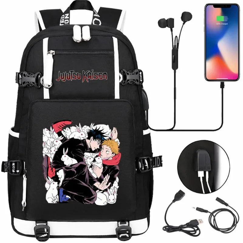 jujutsu kaimmer-sacs à dos college pour hommes et femmes, cartable anime pour adolescents, port de charge usb décontracté, sacs d'extérieur pour ordinateur portable, noir, mochila