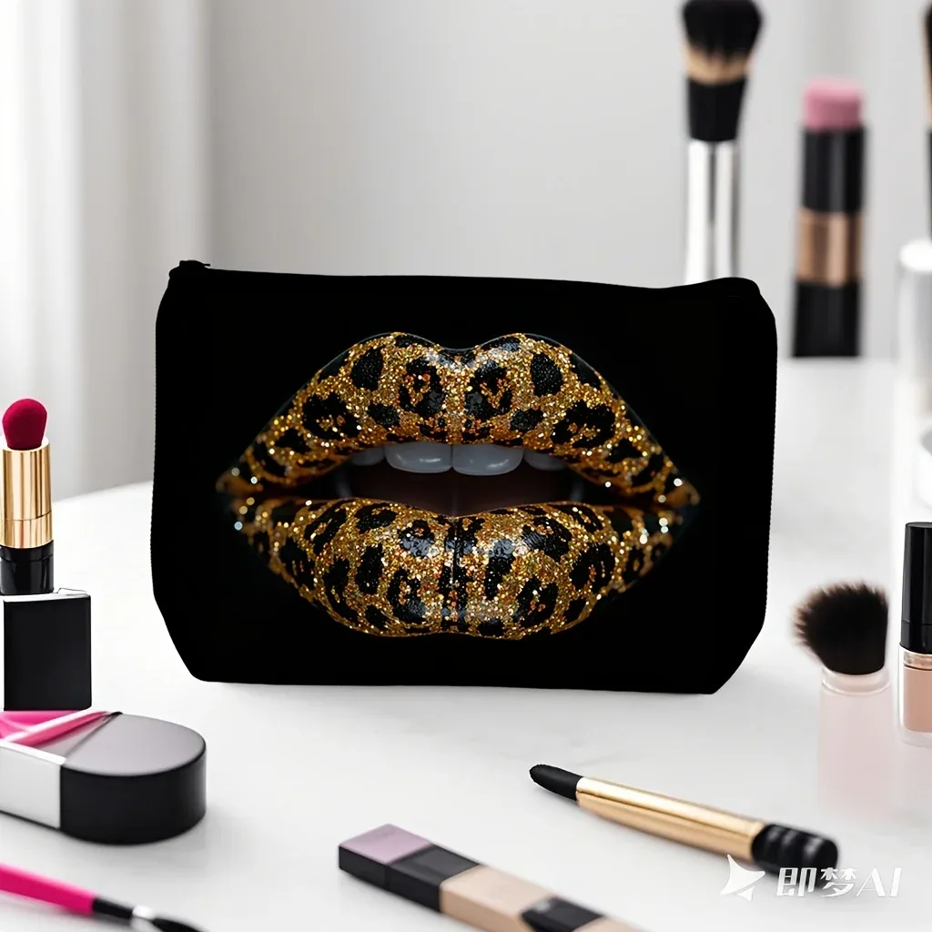trousse polyester motif lèvres léopard noire pochette cosmétique rectangulaire voyage beauté maquillage toile résistante