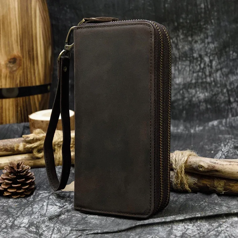 luufan-long sac à main en cuir de cheval vintage pour hommes et femmes, portefeuilles à double fermeture éclair pour carte de crédit, pochette pour homme