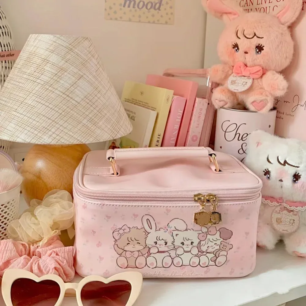 1 pièce nouvelle trousse de maquillage princesse mignonne, sac de rangement portable forme carrée grande capacité, sac à main tendance en pu, trousse de toilette portable
