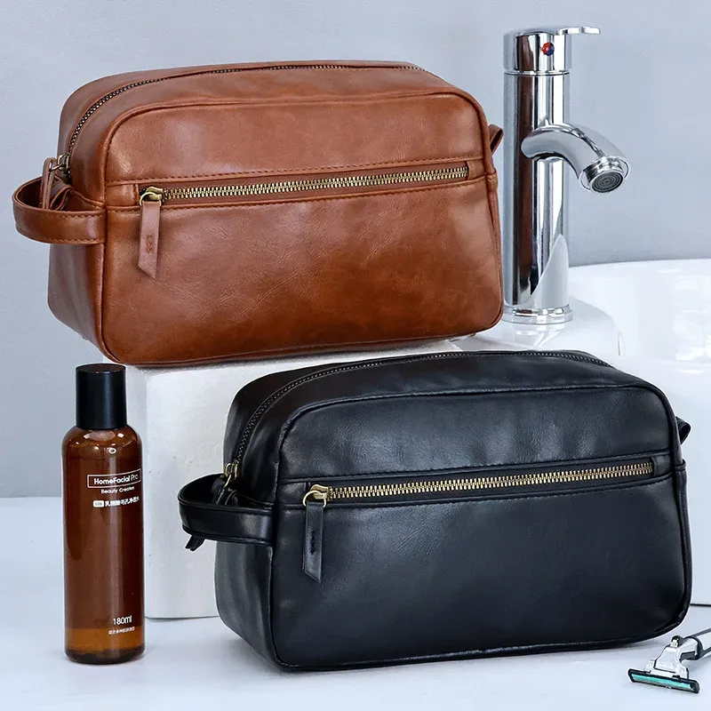 trousse de toilette imperméable en cuir pu pour hommes et femmes, voyage d'affaires, salle de bain, outils de rasage, sac de rangement, pochette de maquillage, sac à cosmétiques pour femmes